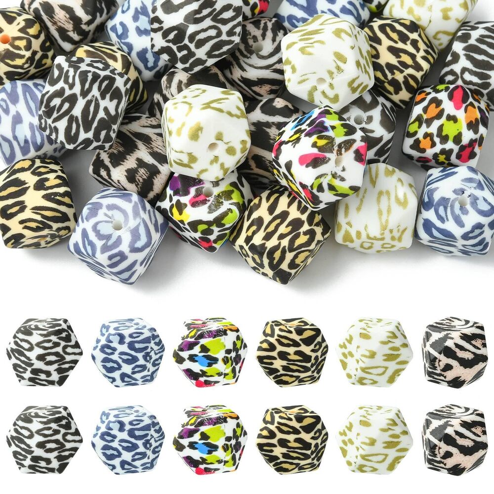 5876 30 pcs 6 Styles 17mm Polygon Leopard Print Focal Silicone Beads